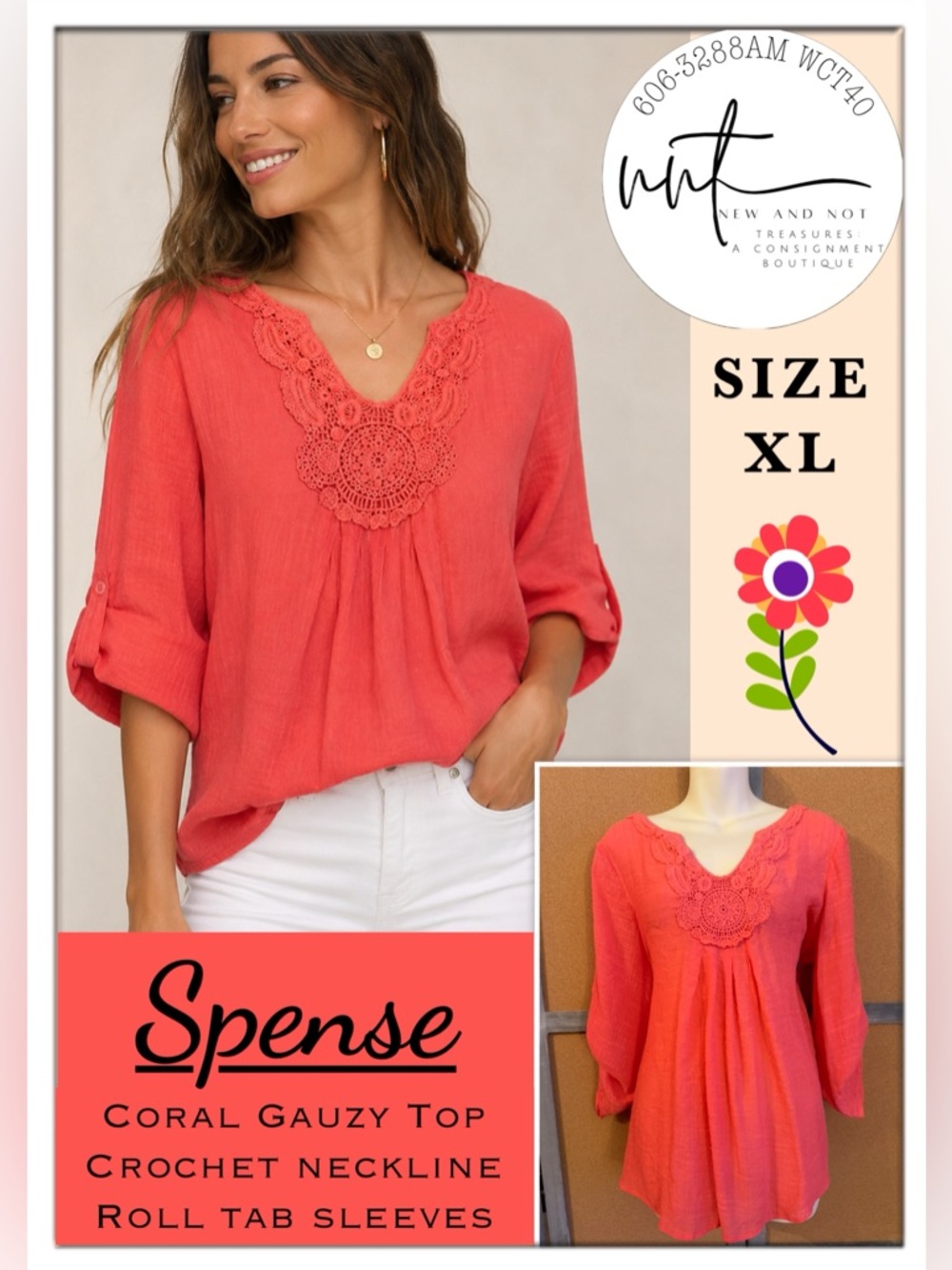 Spense XL Coral Gauze Tunic Top Crochet V-neck Neckline Roll Tab Sleeve Boho